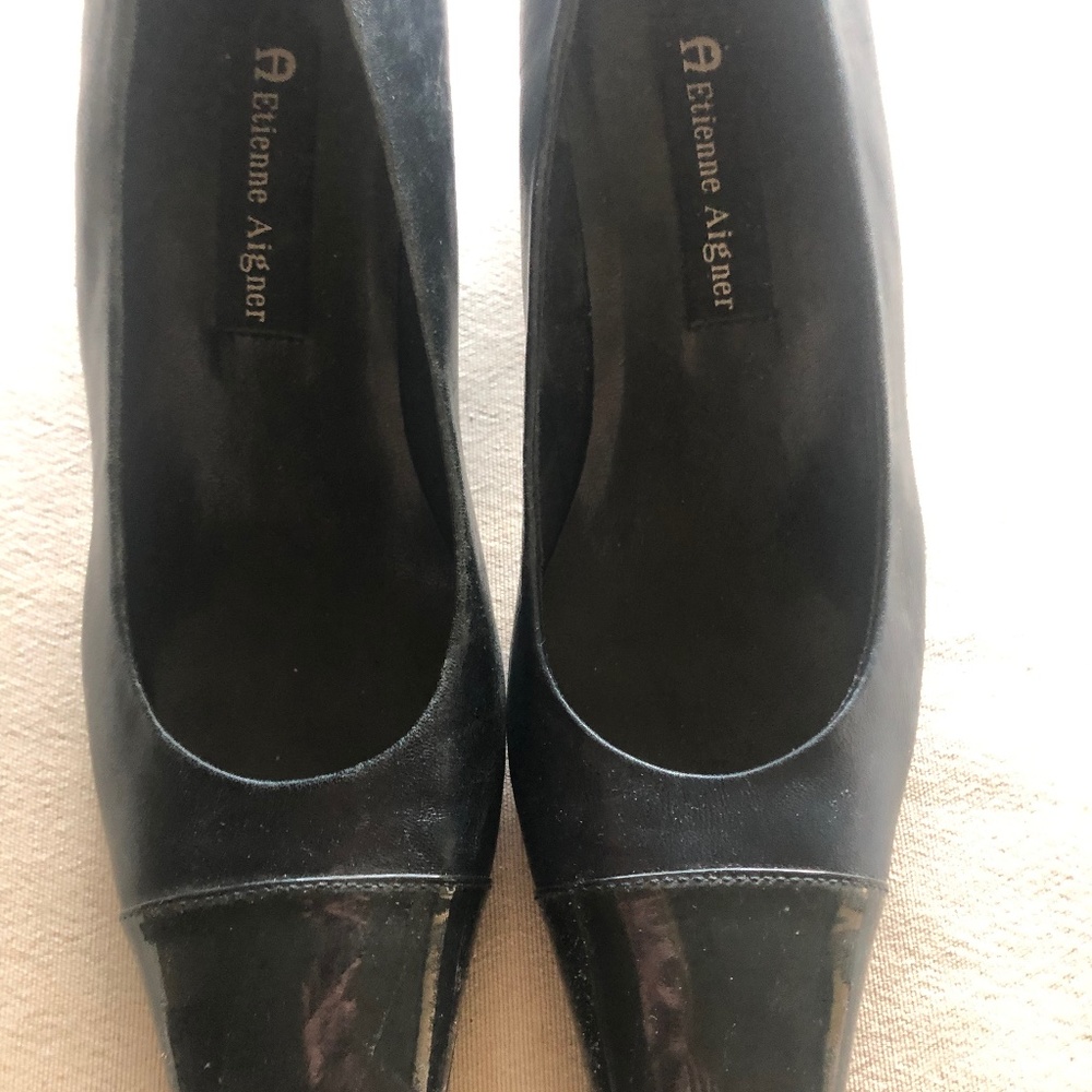 Etienne Aigner, navy leather heels with patent leather toes. 2 1/2" heels, 8M